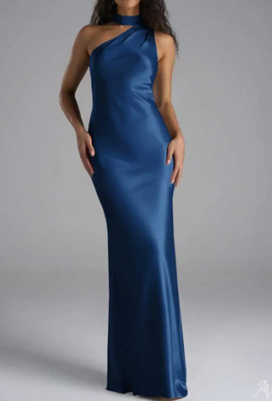 Aw Bridal Sz 12 L Navy Blue Satin Charmeuse Esmeralda Formal Maxi Dress New B59